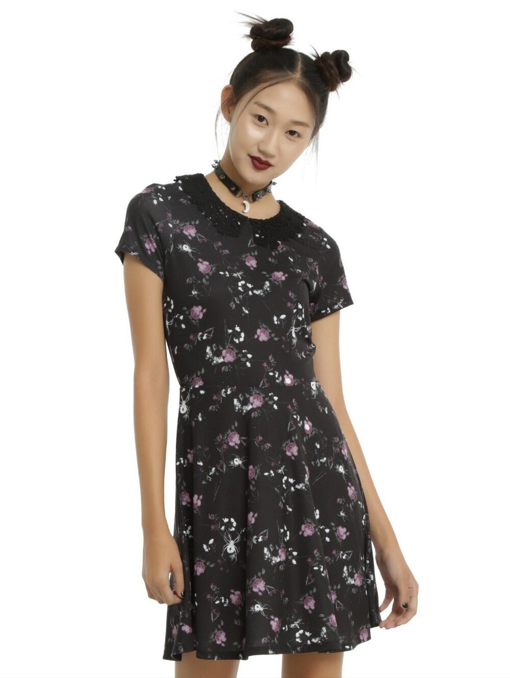 Midnight Hour | Black Floral & Bug Lace Collar Dress
